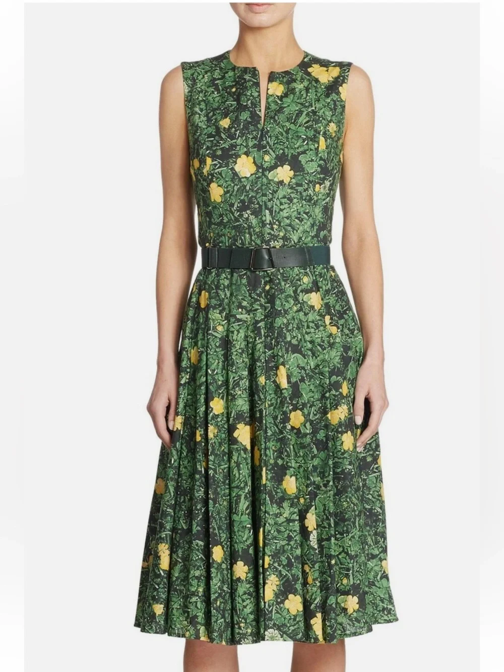 AKRIS Buttercup Floral Print A-line Dress Size 8 Green Yellow Cotton Voile Chic - Picture 4 of 11